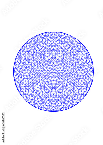 kugel mit symmetrischen radialen und netzartigen blauen strukturen, modern art