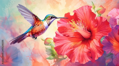 Vibrant Hues on a Hummingbird and Hibiscus watercolor. AI generated © Olive Studio