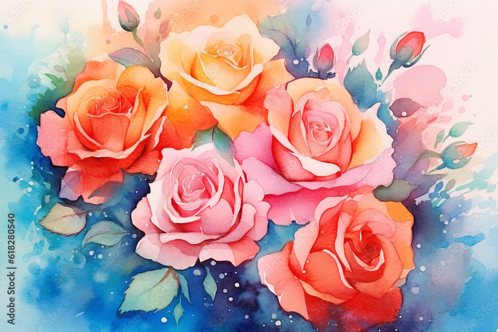 Fototapeta premium Vibrant Roses watercolor illustration. AI generated
