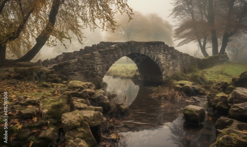  a stone bridge over a small stream in a park with trees and rocks on both sides of the bridge and fog in the sky above.  generative ai