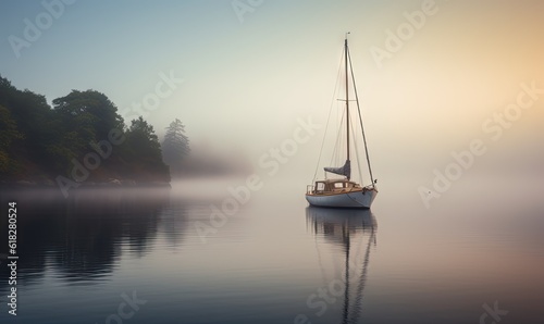  a sailboat floating on a body of water with trees in the background on a foggy day in the middle of a lake,. generative ai