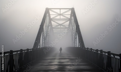  a person is walking across a bridge in the foggy day with the sun shining on the bridge and the fog is covering the bridge. generative ai