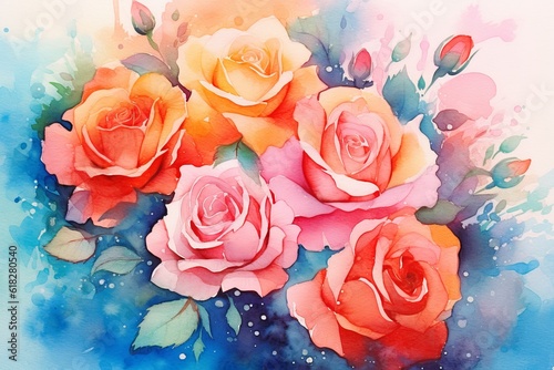 Vibrant Roses watercolor illustration. AI generated