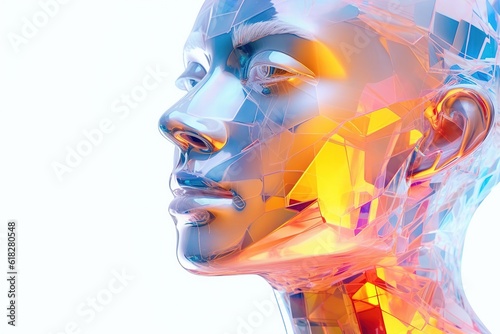Head cracks and breaks into fragments. Face disintegration. Background in technology style. Generative AI. Illustration for for banner, poster, cover, brochure or presentation.