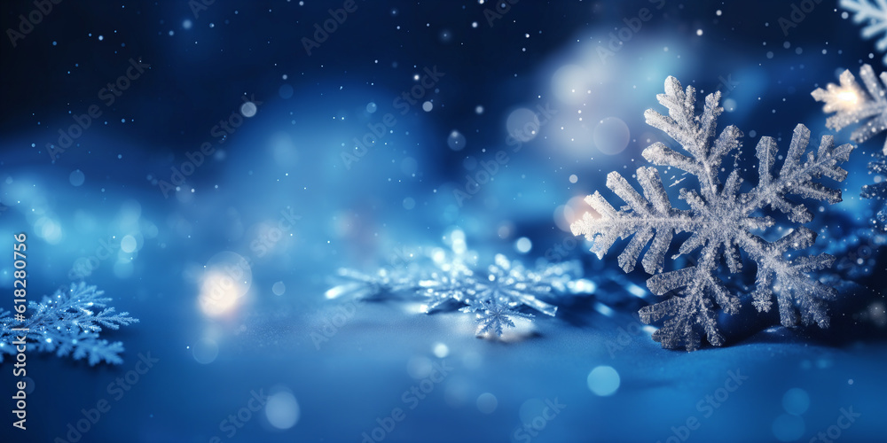 Panoramic winter christmas background with snowflakes. Generative AI Panoramic winter christmas background with snowflakes. Generative AI
