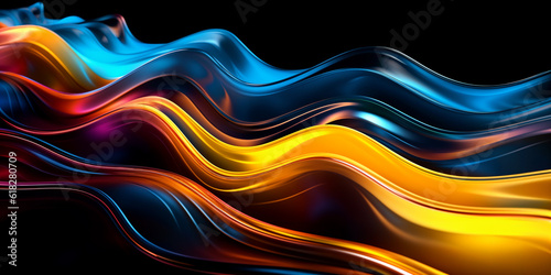 Colorful chromatic wavy glass on black background. Panoramic wallpaper. Generative AI