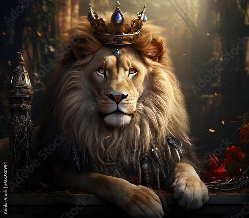 Lion sitting on a throne wearing a crown.