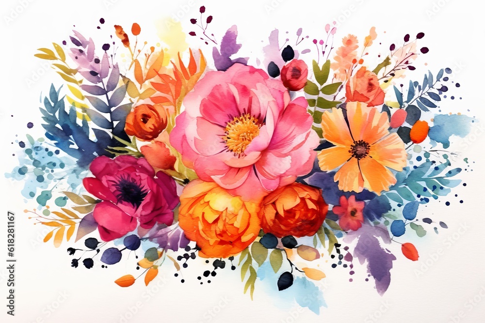 Vivid Florals watercolor illustration. AI generated