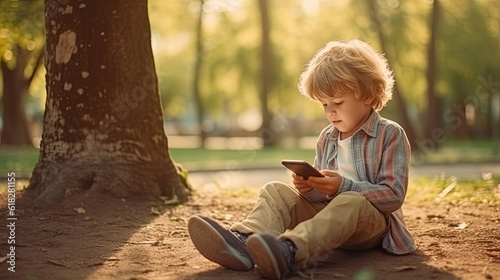 Boy sits on fallen leaves in the autumn park, communicates on a smartphone. Internet search, social networks, multiplayer games © PaulShlykov