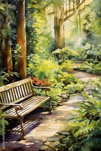 Watercolor beautiful garden bench with scenic views. AI generated