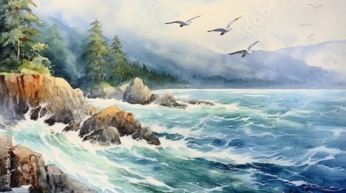 Watercolor breathtaking ocean view with seagulls soa. AI generated photo