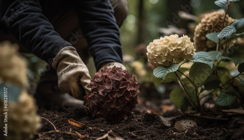 Caucasian hand holding fresh plant for gardening generated by AI