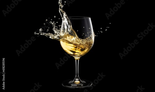  a glass of white wine is being poured into the wine glass with a splash of water on the side of the glass and on the side of the glass is a black background.  generative ai
