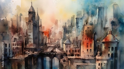 Watercolor captivating cityscape in watercolor form. AI generated