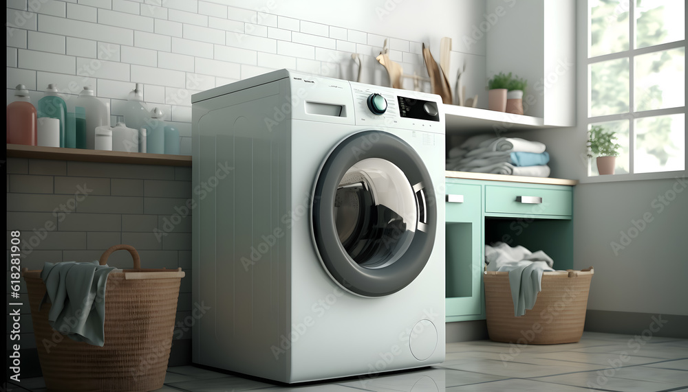 Modern washing machine in interior of home laundry room. Generation AI - obrazy, fototapety, plakaty 