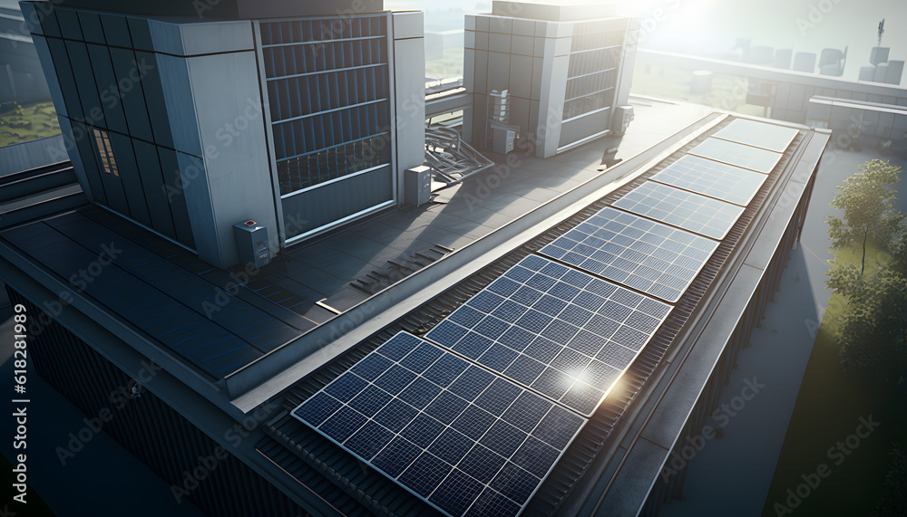 Fototapeta premium Modern solar panels on the roof of industry manufacturing, sunset light. Concept eco green renewable energy for factory. Generation AI