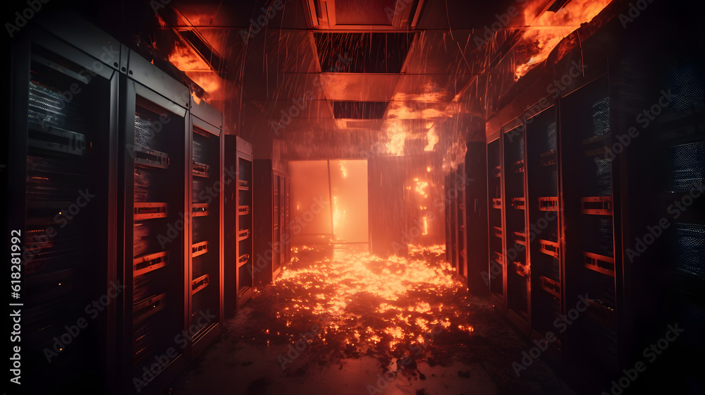 Fototapeta premium Server room Burning. Data center and supercomputer technology burn with fire. Generation AI