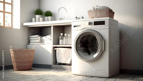 Wallpaper Mural Modern washing machine in interior of home laundry room. Generation AI Torontodigital.ca