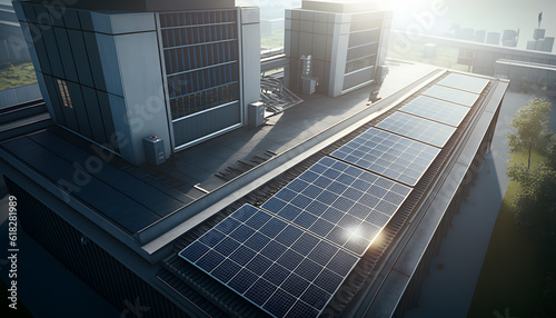 Modern solar panels on the roof of industry manufacturing, sunset light. Concept eco green renewable energy for factory. Generation AI