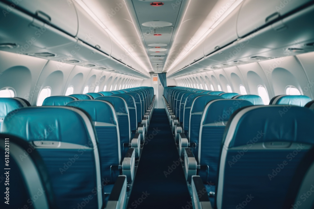 Interior of modern aircraft with flight seats and hallway in daytime during flight. Generative AI