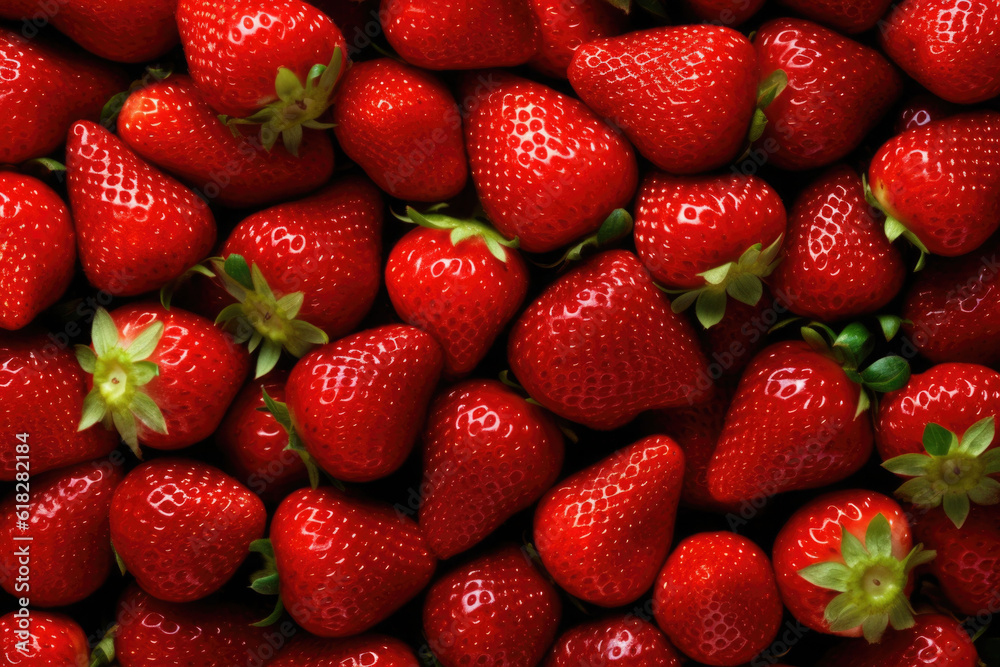 Fresh ripe strawberries with green leaves. Food background. Generative AI Fresh ripe strawberries with green leaves. Food background. Generative AI