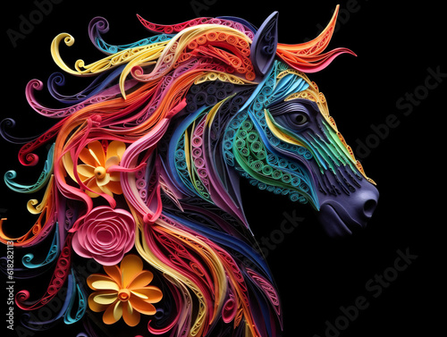 A colorful horse with long mane and flowers. Generative AI.