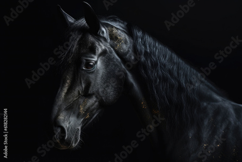 Portrait of beautiful spellbinding black horse. Generative AI © barmaleeva