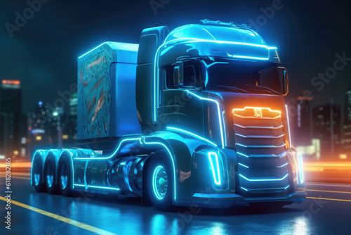 Electric truck in a futuristic environment. Truck with neon lights. Generative AI