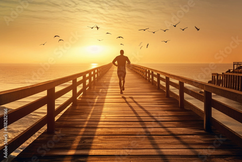 Man running on wooden boardwalk in sunrise seaside. Sports lifestyle. Generative AI