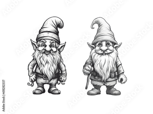 Vector illustration of two gnomes in black and white style for coloring