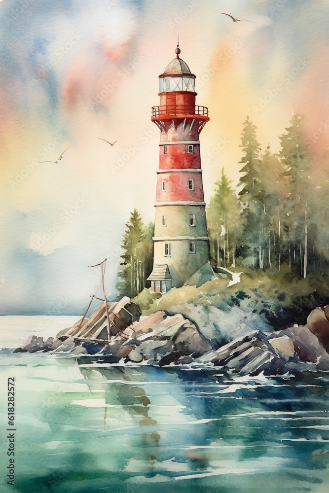 Watercolor charming lighthouse on the coast. AI generated