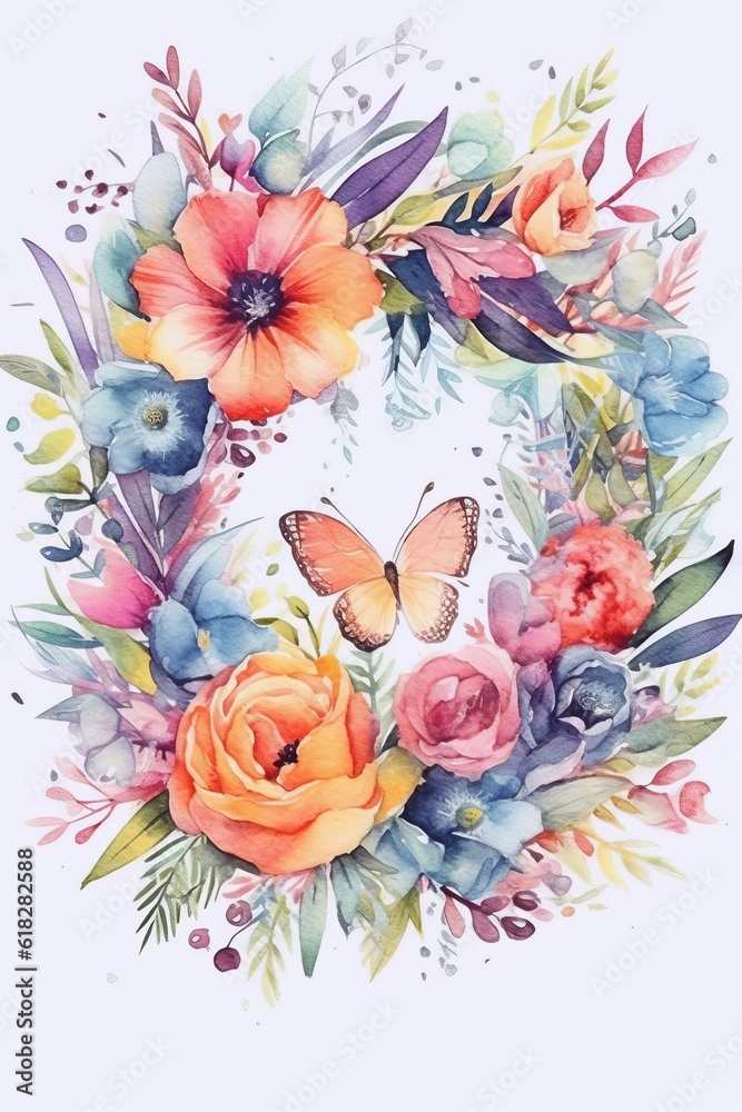 Watercolor colorful floral wreath surrounding a mess. AI generated