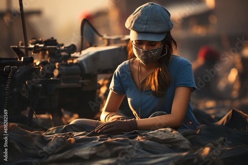 Young migrant woman making clothes, working on sewing factory. Generative AI.