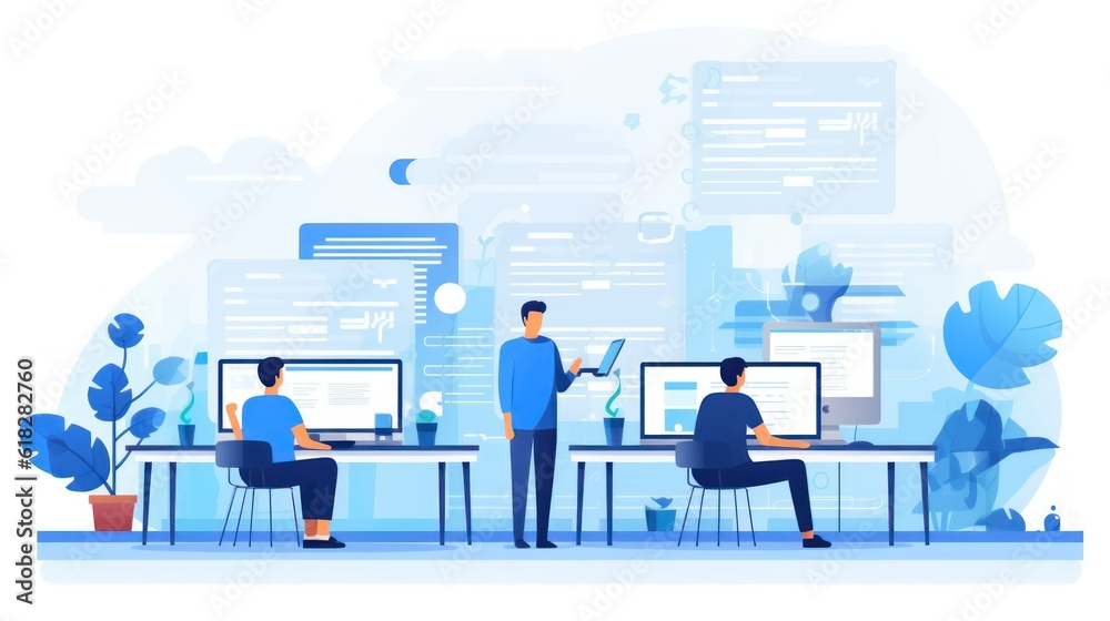 Scene depicting a team of developers working on mobile app development, coding for iOS or Android platforms Scene depicting a team of developers working on mobile app development, coding for iOS or Android platforms