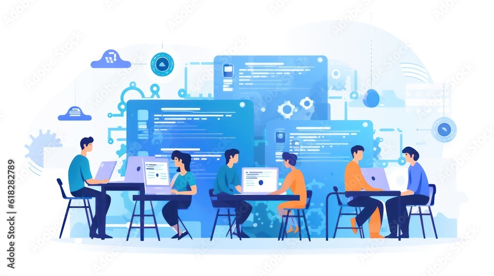 Scene depicting a team of developers working on mobile app development, coding for iOS or Android platforms Scene depicting a team of developers working on mobile app development, coding for iOS or Android platforms