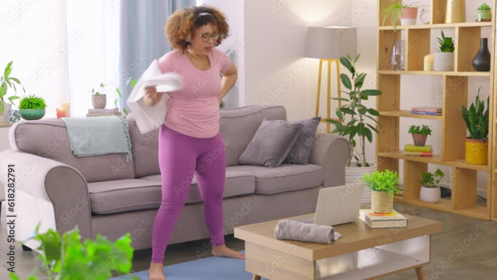 Black woman, tired and workout in home, living room and exercise for fitness in apartment for wellness, body and health. Healthy, cardio and exhausted person with motivation for training in house Black woman, tired and workout in home, living room and exercise for fitness in apartment for wellness, body and health. Healthy, cardio and exhausted person with motivation for training in house