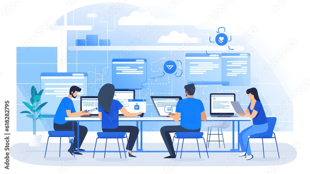 Scene depicting a team of developers working on mobile app development, coding for iOS or Android platforms Scene depicting a team of developers working on mobile app development, coding for iOS or Android platforms