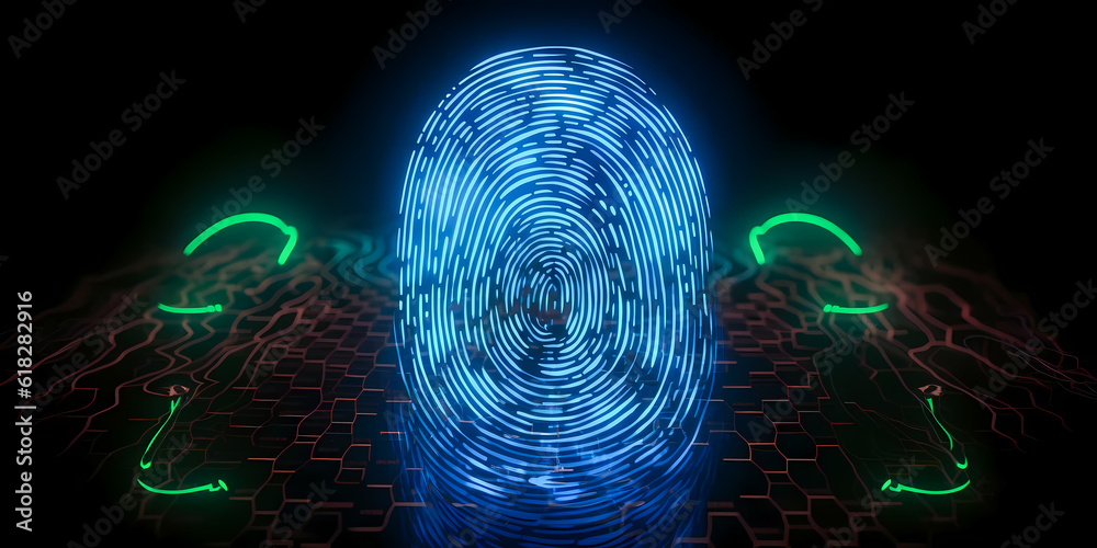 Security system with fingerprint on cyber technology neon background ...