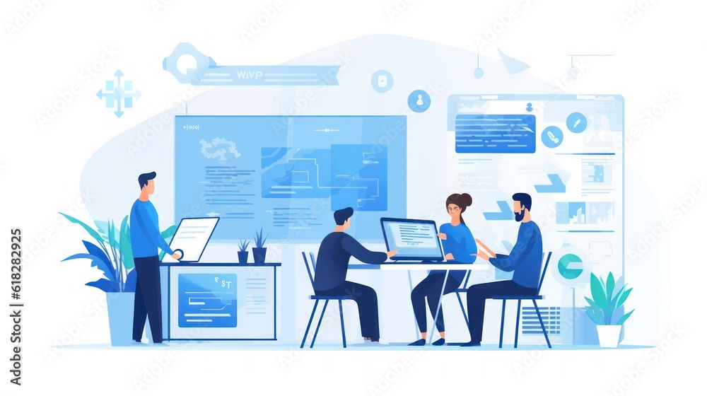 Scene depicting a team of developers working on mobile app development, coding for iOS or Android platforms Scene depicting a team of developers working on mobile app development, coding for iOS or Android platforms