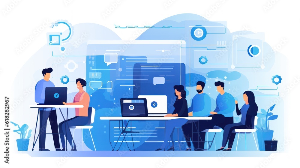 Scene depicting a team of developers working on mobile app development, coding for iOS or Android platforms Scene depicting a team of developers working on mobile app development, coding for iOS or Android platforms