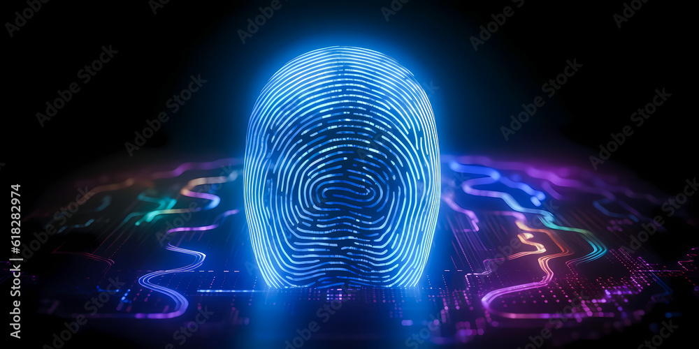 Security system with fingerprint on cyber technology neon background. Concept Protect personal data. Generation AI. Security system with fingerprint on cyber technology neon background. Concept Protect personal data. Generation AI.