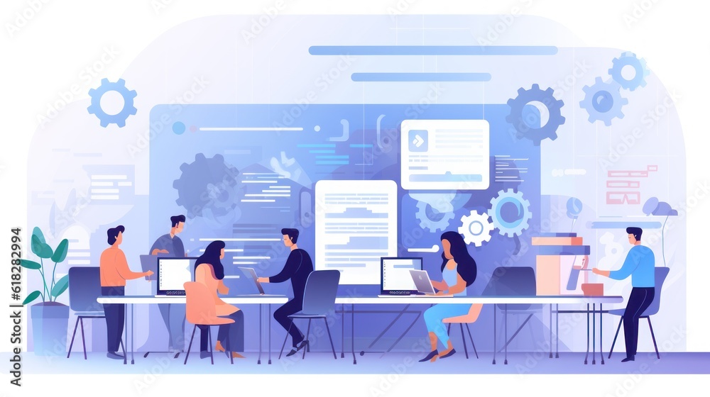 Scene depicting a team of developers working on mobile app development, coding for iOS or Android platforms Scene depicting a team of developers working on mobile app development, coding for iOS or Android platforms