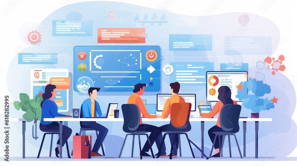 Scene depicting a team of developers working on mobile app development, coding for iOS or Android platforms Scene depicting a team of developers working on mobile app development, coding for iOS or Android platforms