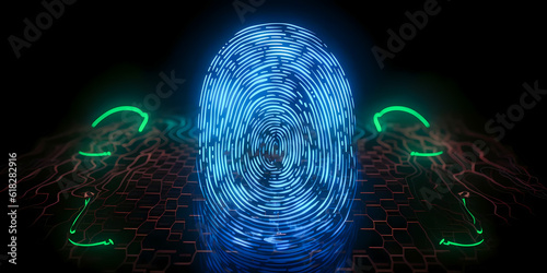 Security system with fingerprint on cyber technology neon background. Concept Protect personal data. Generation AI.