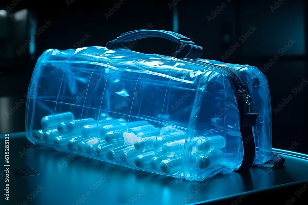 Security xray scan of bag with smuggling capsules drugs in airport