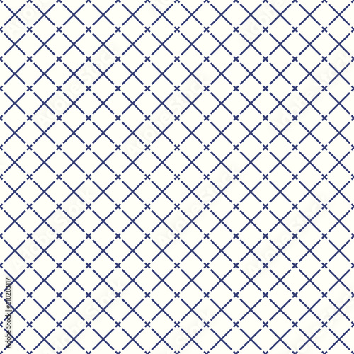 Seamless pattern with symmetric geometric ornament. White crosses on black background. Striped abstract wallpaper. Dashed diagonal lines motif. Digital paper for textile print. Vector art illustration