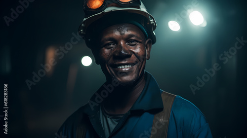 Portrait happy man miner with headlamps entering underground coal mine. Concept hard mining working. Generation AI