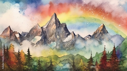 Watercolor dreamy mountain range with a rainbow. AI generated