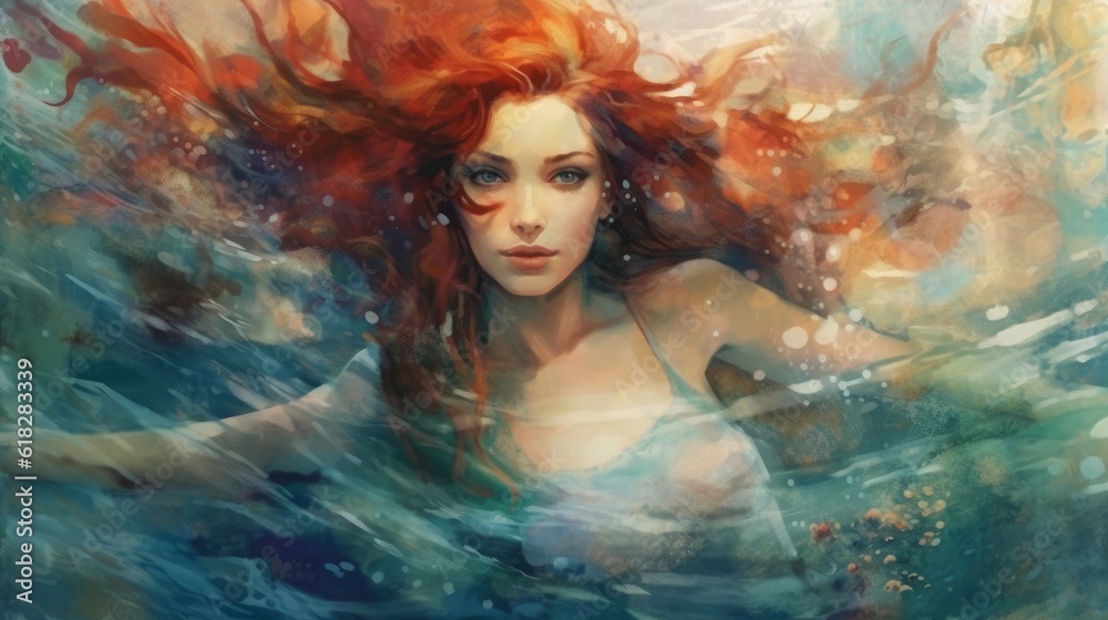 Watercolor gorgeous mermaid swimming in the ocean. AI generated