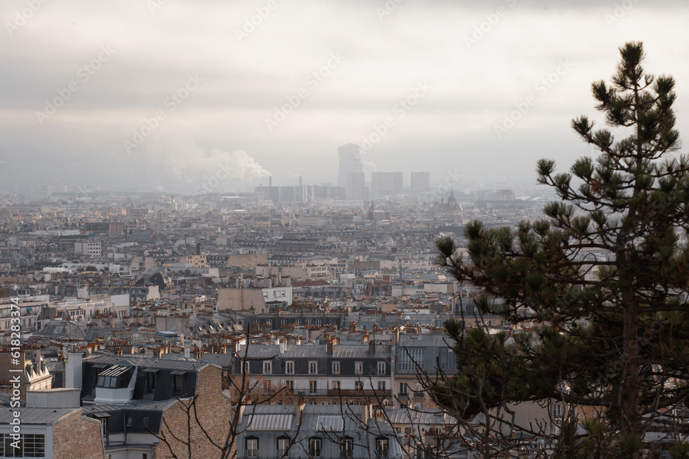 Panoramic view over the roofs of the evening overcast Paris - fog over the city